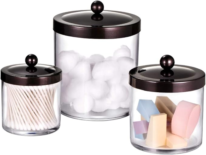 SheeChung 3-Pack Plastic Apothecary Jars with Bronze Metal Lids - Large 50oz, 25oz & 15oz Clear Acrylic Storage Set - Shatterproof Bathroom Vanity & Kitchen Organizer - Modern Farmhouse Rustic Decor