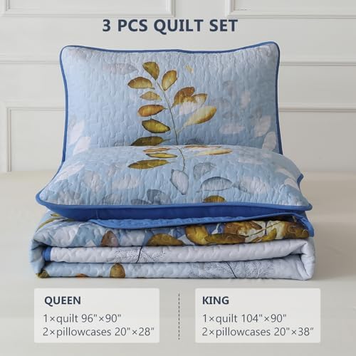 WONGS BEDDING Quilt Set King, Blue-Gold Floral Bedspread Coverlet Set - Image 7