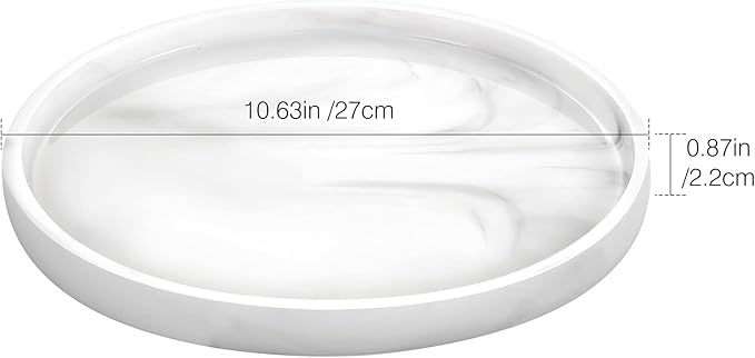 Emibele Vanity Tray, Resin Round Tray Decorative Storage Organizer for Bathroom Toilet Tank Bedroom Kitchen Countertop, Jewelry Storage Dresser Tray for Candle, Lotion Bottle, Cosmetics, Marble White