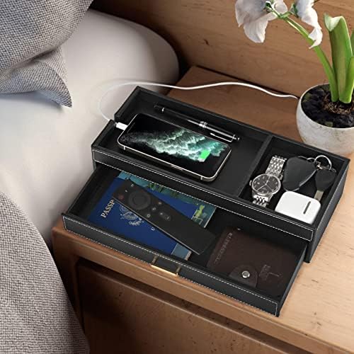 HofferRuffer Valet Jewelry Tray Organizer with Drawer, Faux Leather Storage Catchall Box Phone Charging Station Tray with Dresser Nightstand Desktop Drawer Organizer (Black) - Image 6