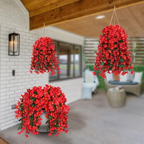 Sggvecsy Artificial Fake Hanging Flowers Plants for Outdoor Outside Spring Summer Decoration 4PCS Faux Silk UV Resistant Realistic Morning Glory Trailing Vines for Home Porch Patio Balcony(Red) - Image 6