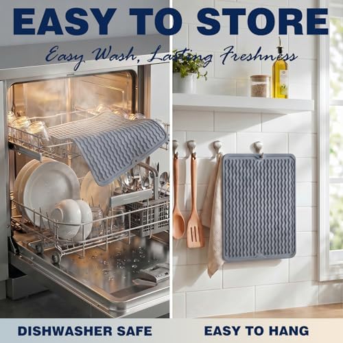 2 Pack Caketime Silicone Dish Drying Mat for Kitchen Counter Bathroom Under Sink Protector Faucet Drip Gadgets Clearance Washer Dryer Countertop Organizer Drain Tray 17"x6" Light Gray - Image 6