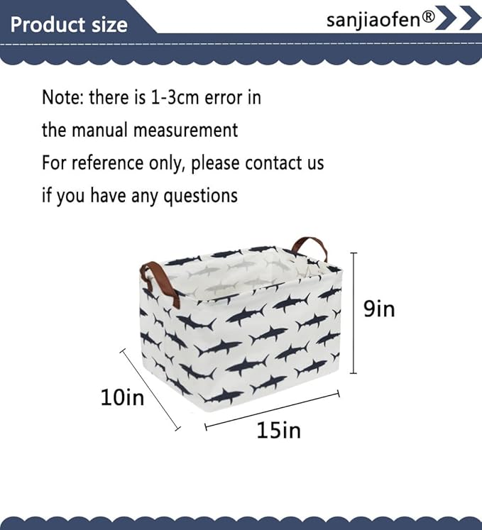 Rectangular Shark Basket,Kids Basket for Boys,Collapsible Toy Organizer Bin with Handles for Clothes Storage.(Sharks)