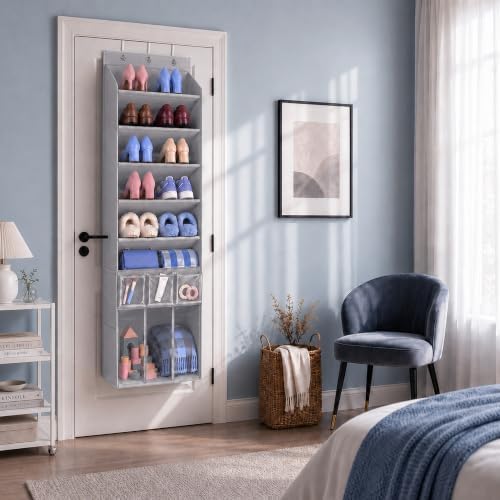 3in1 Over The Door Shoe Organizer with 5 Slanted Compartments,Removable Storage Bin & Transparent Pockets,Thickened Waterproof Oxford Fabric Shoes Rack for Shoes,Boots,Toys,Daily Essentials. (Grey) - Image 6