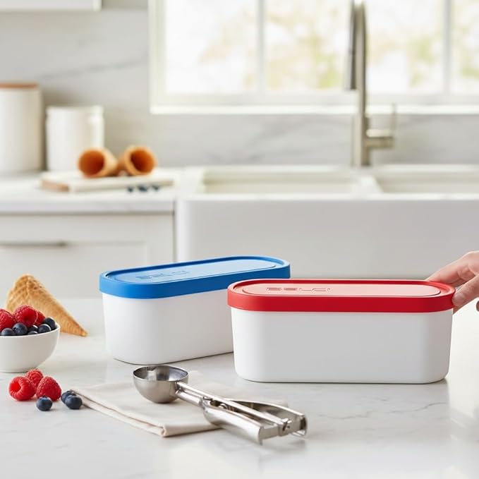Ice Cream Containers - 2 Quart Ea. (Set of 2) - Premium Reusable Freezer Storage for Homemade Ice Cream Tub for Sorbet, Frozen Yogurt - Flexible Silicone Lids, Long Scoop, Stackable - Blue & Red