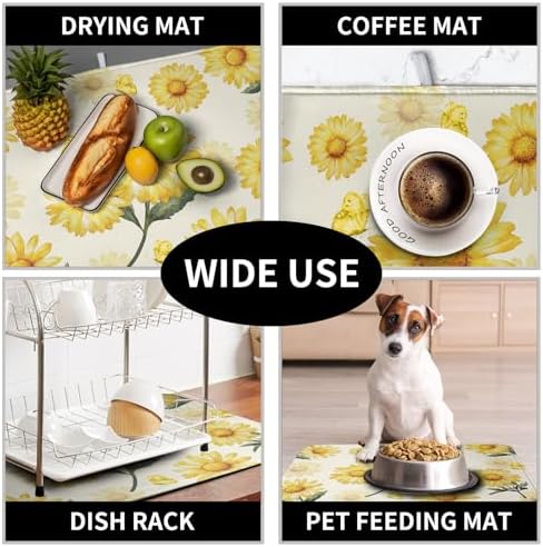 Yellow Sunflower Dish Drying Mat for Kitchen Counter Summer Daisy Floral Dishes Pad Farmhouse Flower Dish Draining Microfiber Absorbent Dish Drainer Rack Mat Large 16x18 Inch - Image 7