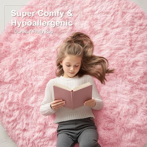 OLANLY Pink Round Rugs for Bedroom - Machine Washable, 5 ft Circle Area Rugs for Living Room, Soft and Fluffy Shaggy Carpet for Teen Girls and Boys, Nursery Rooms, Dorms, Home Decor Aesthetic - Image 6