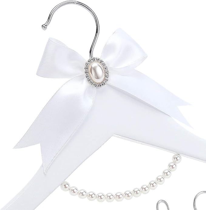 White Solid Wood Bridal Dress Hanger with Bridal Wire Lettering for Bridal Wedding Party Gift (White Hanger Silver Thread and Pearl Chain)