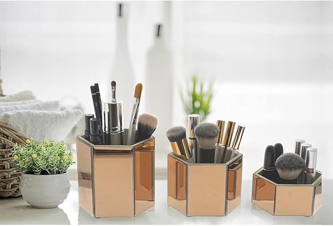 OnDisplay Tressa Set of 3 Hexagon Mirrored Trays for Makeup/Cosmetics, Brushes, Office, Jewelry and Accessories (Rose Gold)