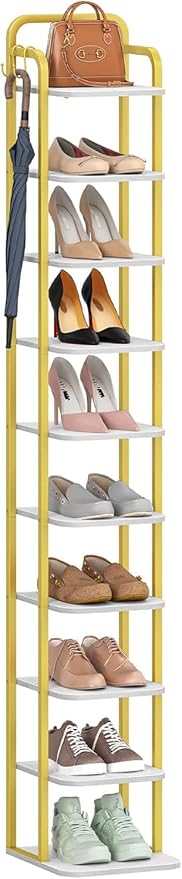 Hzuaneri 10 Tiers Vertical Shoe Rack, Narrow Shoe Tower, Tall Shoes Shelf with 2 Hooks, Adjustable Shelves, Corner Shoes Shelves for Small Spaces, Entryway, Living Room, White Gold SR11213A