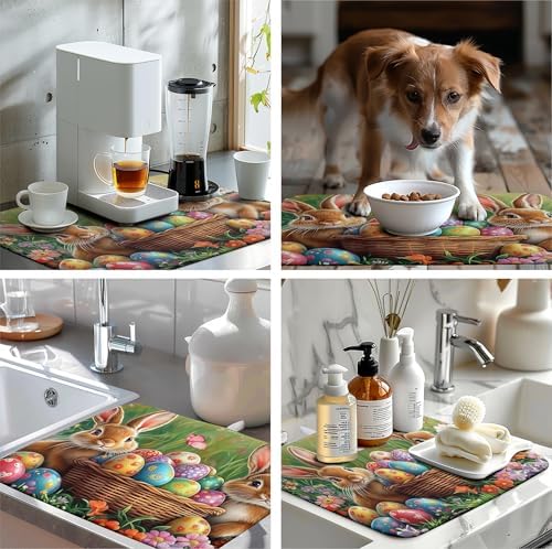 Easter Bunny Eggs Dish Drying Mat for Kitchen Counter 18x24 Inch Spring Easter Rabbit Flowers Large Drying Mat Microfiber Dish Drainer Rack Mats Absorbent Reversible Dishes Pad Dish Dryer Mat - Image 7