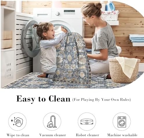 RUGSURE Washable Area Rugs - Perfect for Living Room, Bedroom, Kids Room, Nursery - Stain & Water Resistant Non-Slip, Pet & Child Friendly, Vintage Tribal Area Rugs (Navy, 2'6'' x 8') - Image 7
