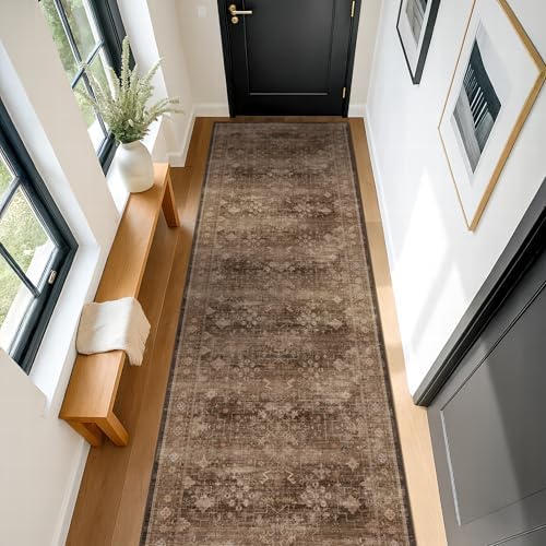 Boho Washable 2x8 Long Rugs for Hallway, Non Skid Front Door Runner Indoor Entrance, Floral Vintage Carpet for Kitchen, Non Slip Low Pile Stain Resistant Soft Mat (Gold Brown) - Image 6