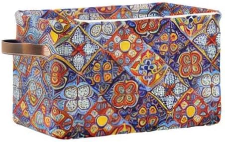 Foldable Storage Baskets, Mexican Ceramic Tile Pattern Storage Bins with Handles, Decorative Cloth Organizer Storage Boxes for Home|Office 15 x 11 x 9.5 in