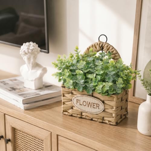 Gresorth 8.8 Inch Fake Eucalyptus Plants in Woven Basket Artificial Eucalyptus Leaves Stems Plant Faux Potted Plant Frosted Green Decor Windowsill Shelf - 1 Pc - Image 7