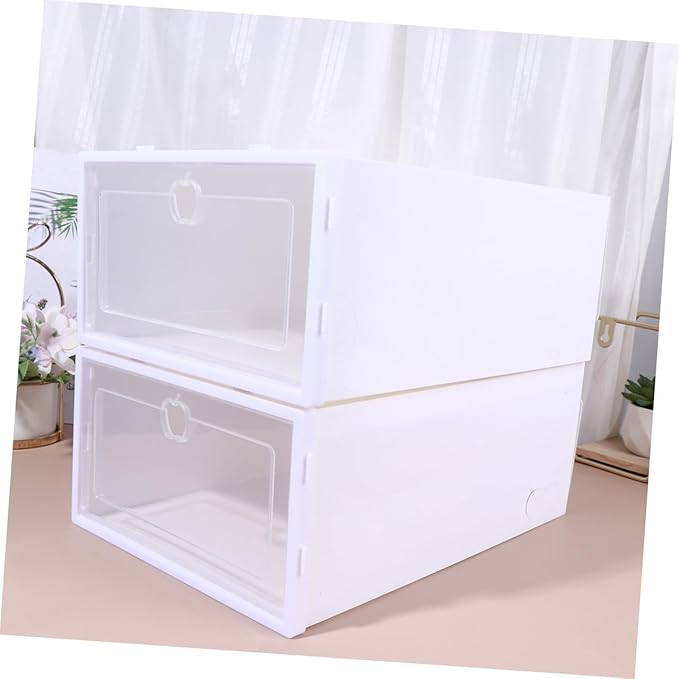 6pcs Stackable Transparent Shoe Storage Boxes with Drawer Design Thickened PP Plastic Organizer for Sneakers Heels Boots Protective Versatile White Frame Containers for Closet and