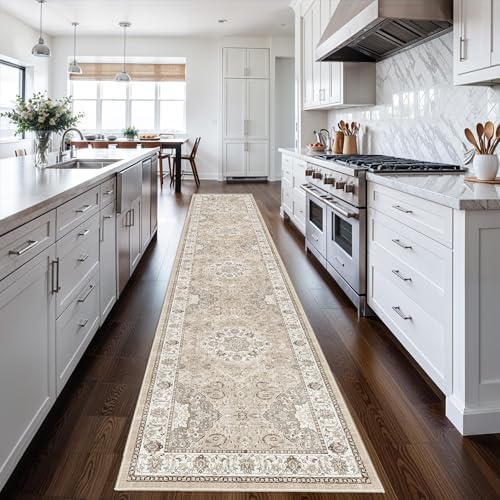 Hallway Washable Runner Rug - 2'6x12 Kitchen Rugs Entryway Rug Runner Vintage Soft Floor Mat Non Slip Indoor Farmhouse Carpet for Bathroom Living Room Bedroom (2'6''x12', Beige) - Image 6