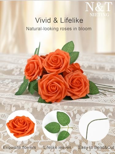 N&T NIETING Artificial Flowers, Fake Flowers Burnt Orange Roses Perfect for DIY Wedding Bridal Bouquets Centerpieces Bridal Shower Party Home Fall Flower Arrangement Decorations, 50Pcs - Image 7