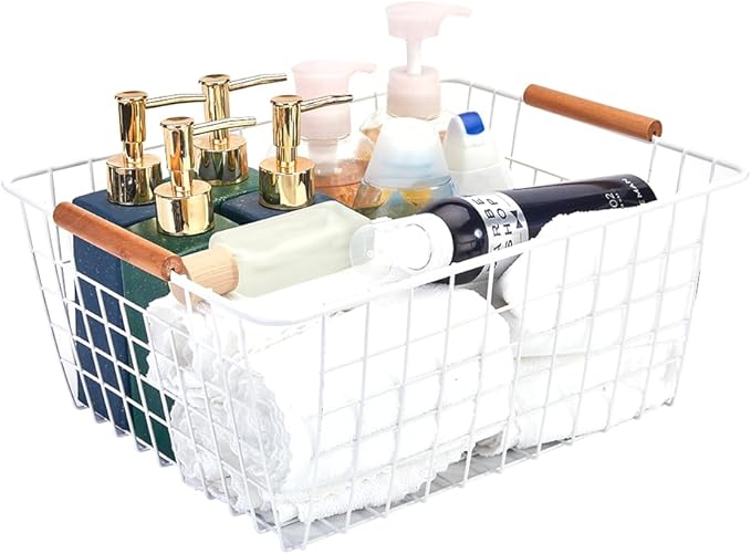 LeleCAT Large white wire baskets with Wooden Handles for storage pantry, Storage Organizer Baskets, Household Refrigerator for Cabinets, Closets, Bedrooms, kitchen - Set of 2(White)
