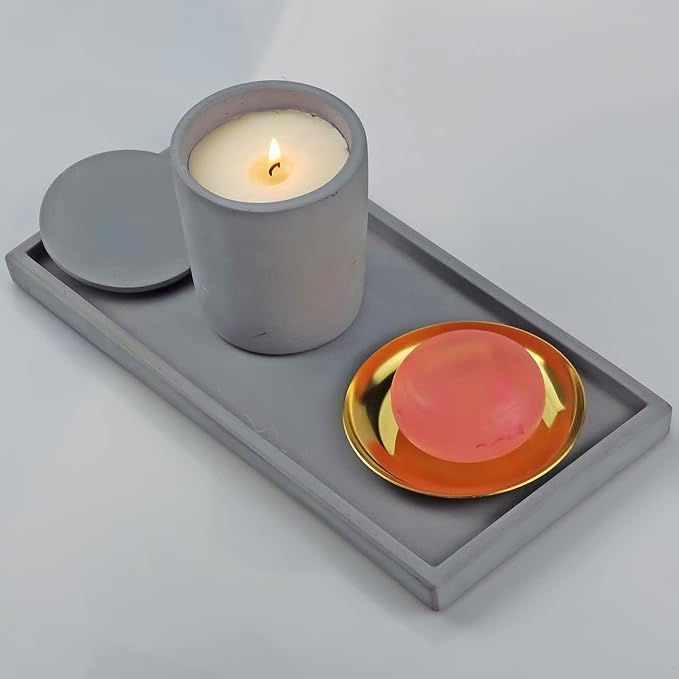 FREELOVE Concrete Countertop and Vanity Tray – Small Soap Dispenser Bottles Makeup Organizer Perfume Candle Key Trinket Ring Holder for Bathroom Toilet Tank Kitchen Sink, Grey, Rectangle 5.3''X11''