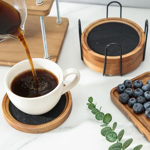 WLWNWFT Acacia Wood Coasters for Coffee Table, 6 Pcs 4.72 in Coaster for Drinks Absorbent Black Felt Coaster for Wooden Dining Table Decor New Home Gifts Mom's Day - Image 7