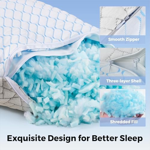 puredown® Pillows Queen Size Set of 2, Shredded Memory Foam Pillows, Cooling Foam Pillow for Sleeping, Soft Bed Pillow Queen Size with Adjustable Foam for Side, Back and Stomach Sleepers - Image 6