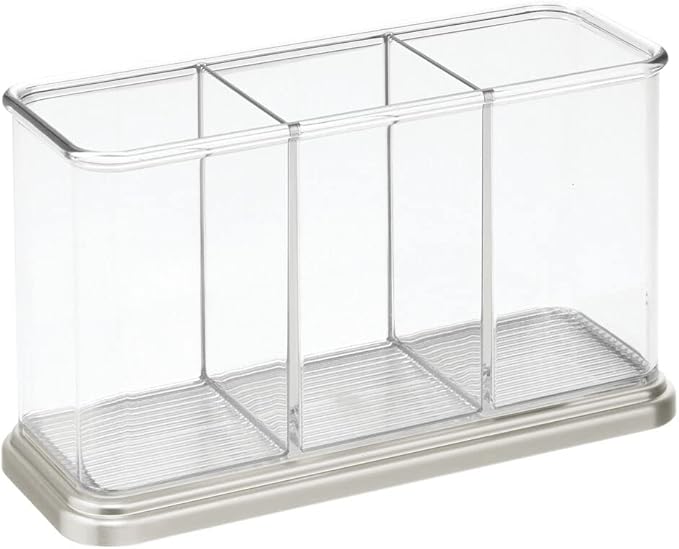mDesign Plastic Cutlery Utensil Holder Storage Organizer Caddy for Kitchen Countertop Organization - Holds Fork, Knife, Spoon, Silverware - 3 Divided Sections - Hyde Collection - Clear/Brushed