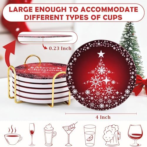 Christmas Coasters Set of 6, Absorbent Ceramic Xmas Holiday Drink Coasters - Image 6