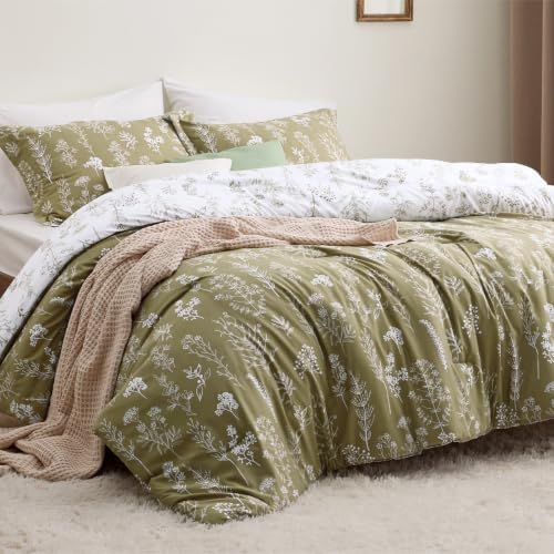 Bedsure Floral Comforter Set Cute Bedding Set Oversized Queen Olive Green - Image 7