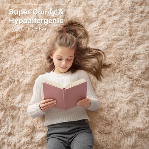 OLANLY 5x7 Machine Washable Large Area Rugs for Living Room, Bedroom, Soft Fluffy Shaggy Bedside Rug, Indoor Floor Carpet for Kids Girls and Boys, Dorms, Nursery, Home Decor Aesthetic, Beige - Image 6
