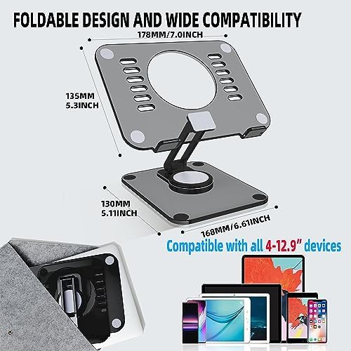 Acrylic Swivel Tablet Stand for Desk, Adjustable Foldable Drawing Tablet Holder with 360° Rotating Base Compatible for iPad Pro Air Mini Kindle and More(Transparent Black) - Image 6