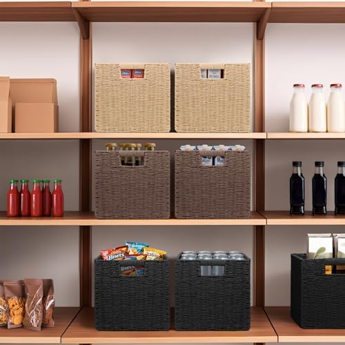 Wicker Storage Baskets for Organizing, 3 Pack Rustic Foldable Square Basket for Shelves, Handwoven Cubby Organizer Bins for Home Decor, Small Cube Storage Bin for Closet Organization (Black 11 inch) - Image 6