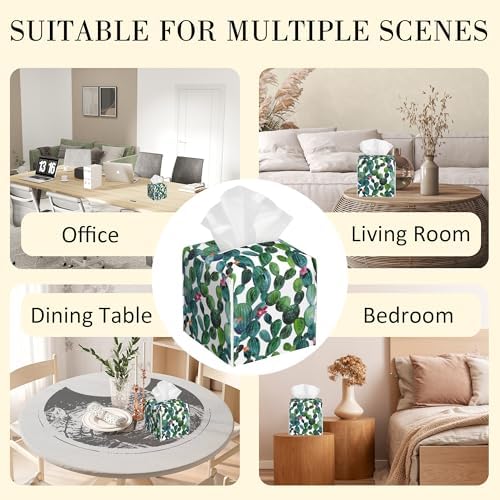Leather Tissue Box Holder Watercolour Cactus Tissue Box Cover Square Waterproof Tissue Holder Organizer Modern Napkin Holder for Bedroom Dresser Night Stand Office Desk - Image 6
