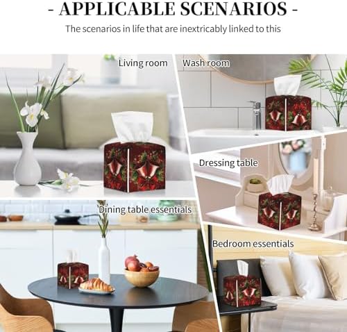 Christmas Holly Red Bell Tissue Box Cover Square Leather Tissue Case Holder Facial Paper Organizer Decorative for Tabletop Night Stands Desk Bathroom Kitchen Car Office Home Decor - Image 7