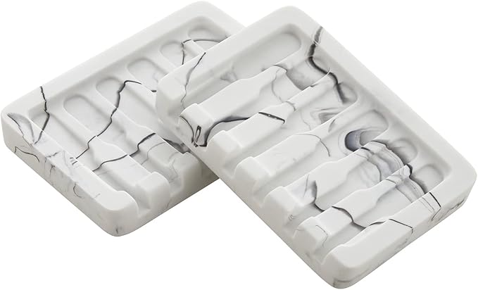 INIUNIK Self Draining Soap Dish - Marble Look Soap Holder Tray Savers Box Container Sponge Holder for Bathroom Shower Kitchen, White