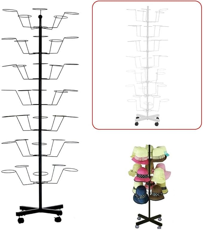 7 Tier Hat Display Metal Stand 35 Holders Cap Display Rotating Rack w/ 4 Wheels (White)