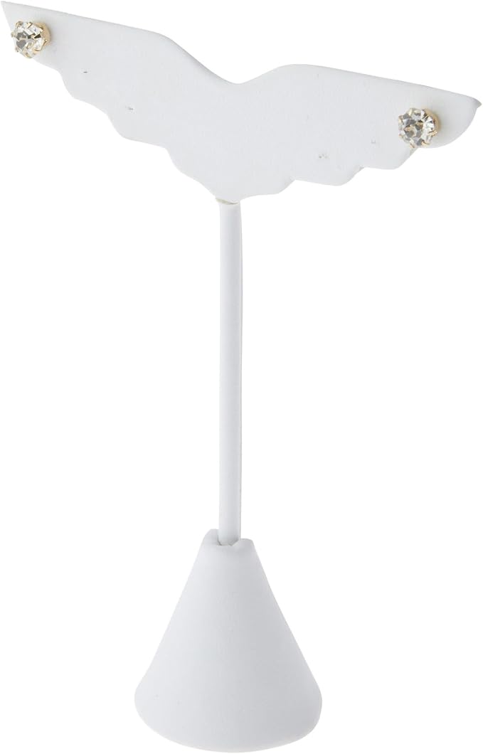 Plymor White Faux Leather Wing Shaped, Three Pair Earring Display Stand, 3" W x 1.25" D x 4.75" H (Pack of 6)
