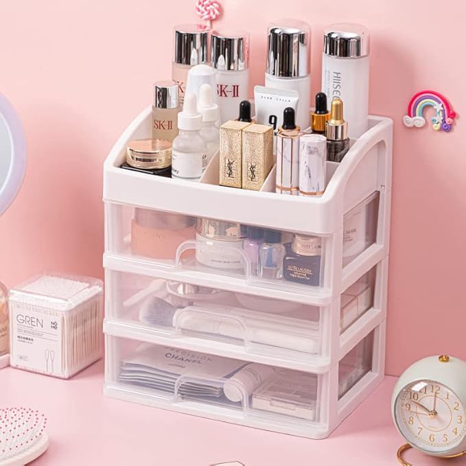 Makeup Organizer with 3 Drawers Plastic Storage for Vanity Cosmetic Display Cases Large Capacity Bathroom Countertop Plastic Storage for Skin Care Products(Arc Type)