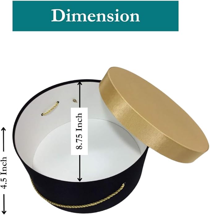 Sarah's Hat Boxes Classic Black/Gold Hat Box โ 8.75" x 4.5" (Dia. x Ht.) Handmade in USA โ Odorless Non-Toxic Adhesive, Cording Handle โ Premium Storage for Hats & Accessories