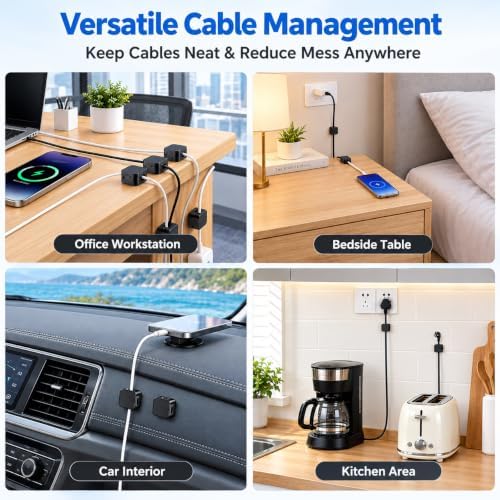 10 Pack Cord Organizer, Magnetic Cable Management, Cord Holder for Desk, Adhesive Cable Clips Wire Keeper for Nightstand, Home, Office, Desktop, Car, Wall (Black) - Image 6
