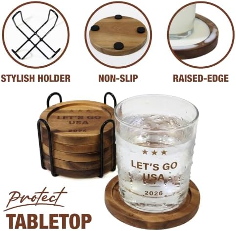 Acacia Wood Coasters Set of 6 with Metal Holder, Laser Engraved Let's Go USA 2026 Design, Absorbent Wooden Drink Coasters, 3.9" Round, Patriotic Housewarming Gift - Image 7