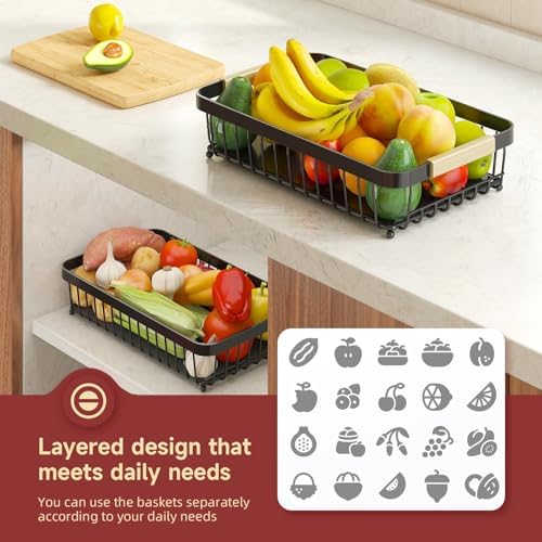 Sevenblue 2-Tier Fruit Basket with Banana Hangers, Detachable Metal Bowl - Image 6
