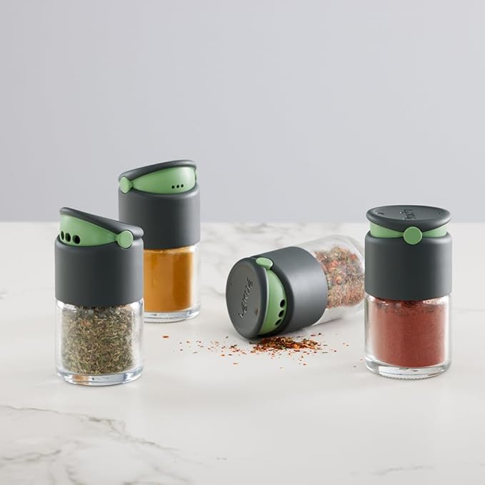 Lékué 2.7oz Shaker Spice Jar (Set of 4) - Clear Glass Spice Container for Powdered & Herb Spices - Dual Openings for Sprinkling & Dosing - One-Handed Use Spice Organizer for Kitchen, Dishwasher Safe