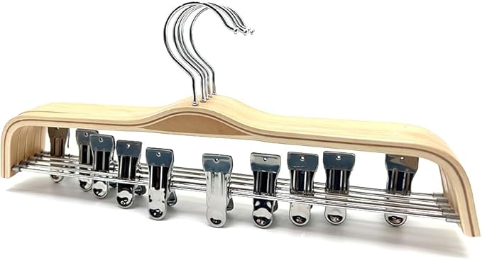 30 Pack 14.5" Natural Wooden Pants Hangers, Clothes Display Wood Skirt Hanger Bottom Hangers Metal Adjustable Clips Hanger for Slacks, Jeans, Shorts