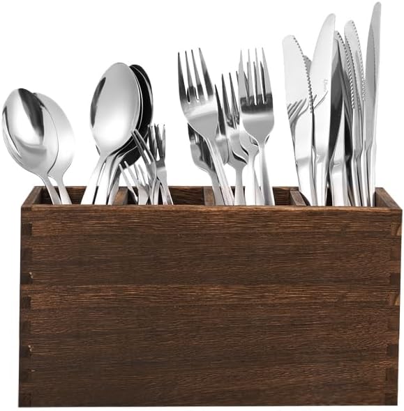 WuGeShop Heightened Wooden Silverware Holder, 4 Compartments Flatware Utensil Caddy, Great Flatware Caddy- Ideal for Kitchen, Dining, Home Party, Buffet, and More