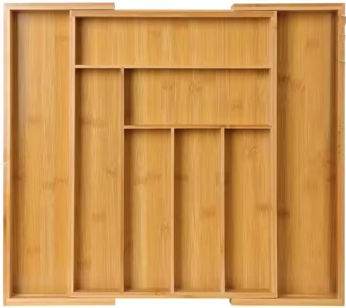 Kitchen Drawer Organizer Expandable Bamboo, Utensil Organizer for Kitchen Drawer, Adjustable Silverware Organizer Tray 13–19.6”, Wooden Cutlery Drawer Organizer, Deep Compartments
