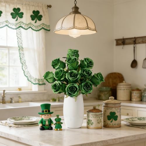 12pcs Green Roses Artificial Flowers, Realistic Silk Velvet Fake Flowers with Long Stems for Valentines Day Wedding Bouquets Home Decoration Party & DIY Floral Arrangements (Green) - Image 7