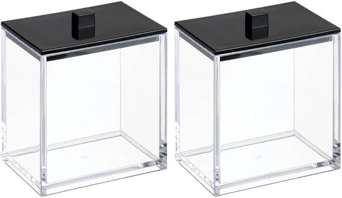 mDesign Plastic Rectangle Apothecary Canister - Organizer for Bathroom Vanity Countertop Shelf Decor - Holds Cotton Swabs, Soap, Makeup, Bath Salts - Lumiere Collection - 2 Pack - Clear/Black