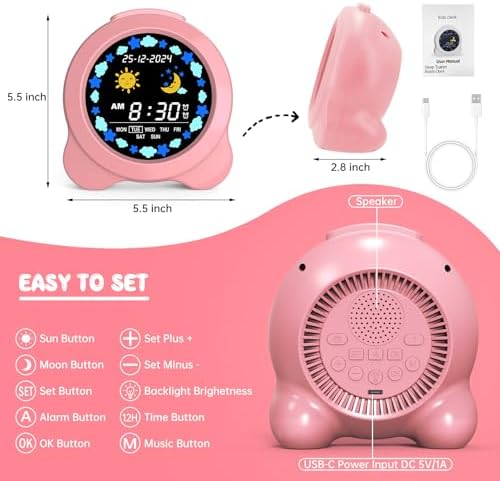 Kids Alarm Clock, Children‘s Sleep Trainer with White Noise & Night Light - Image 6
