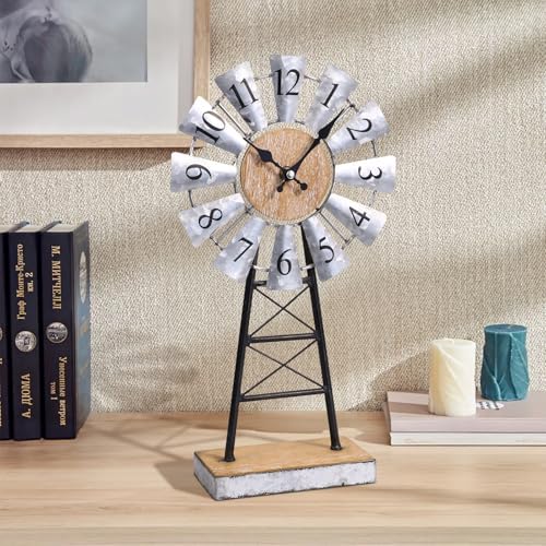 Rustic Windmill Table Clock for Living Room Decor, Vintage Galvanized Metal & Wood Desk Clock with Silent Quartz Movement, Farmhouse Windmill Decor for Living Room, Mantel, Shelf & Office - Image 6
